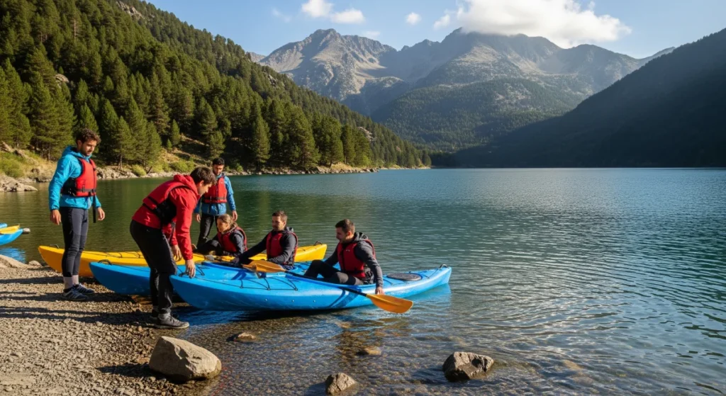 Un grupo de personas preparándose para hacer kayak en un lago de Andorra en verano