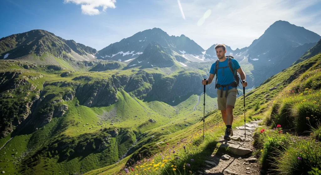 Un hombre realizando senderismo en la montaña durante el verano en Andorra