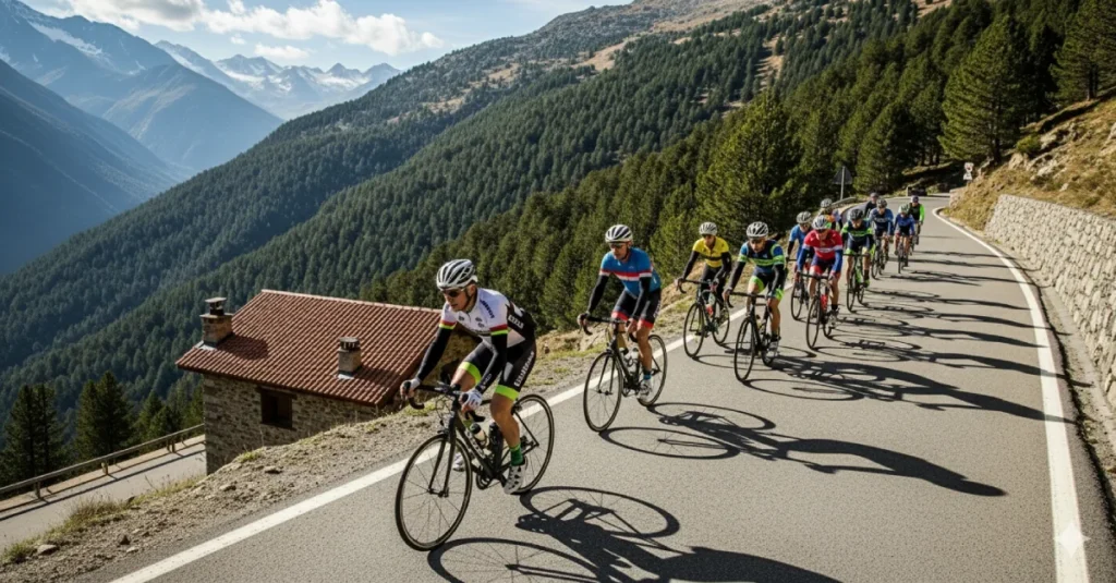 Un grupo de ciclistas de carretera sube por una sinuosa carretera de montaña en Andorra, con bosques de pinos y picos nevados al fondo.