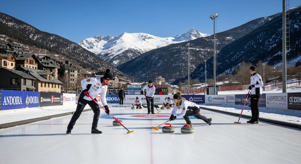 Un grupo de personas disfrutando de un entretenido juego de curling en Andorra.
