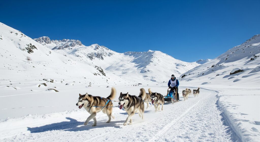 Una persona disfrutando de un paseo de mushing o comúnmente conocido como trineo de perros como un deporte en Andorra.