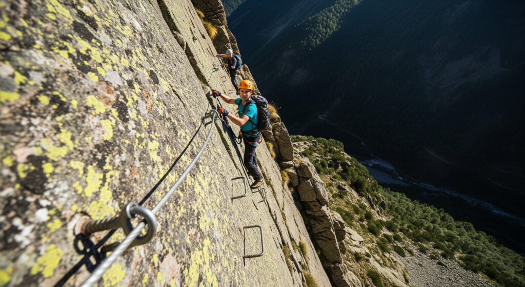 Un hombre practica via ferrata en una montaña de Andorra