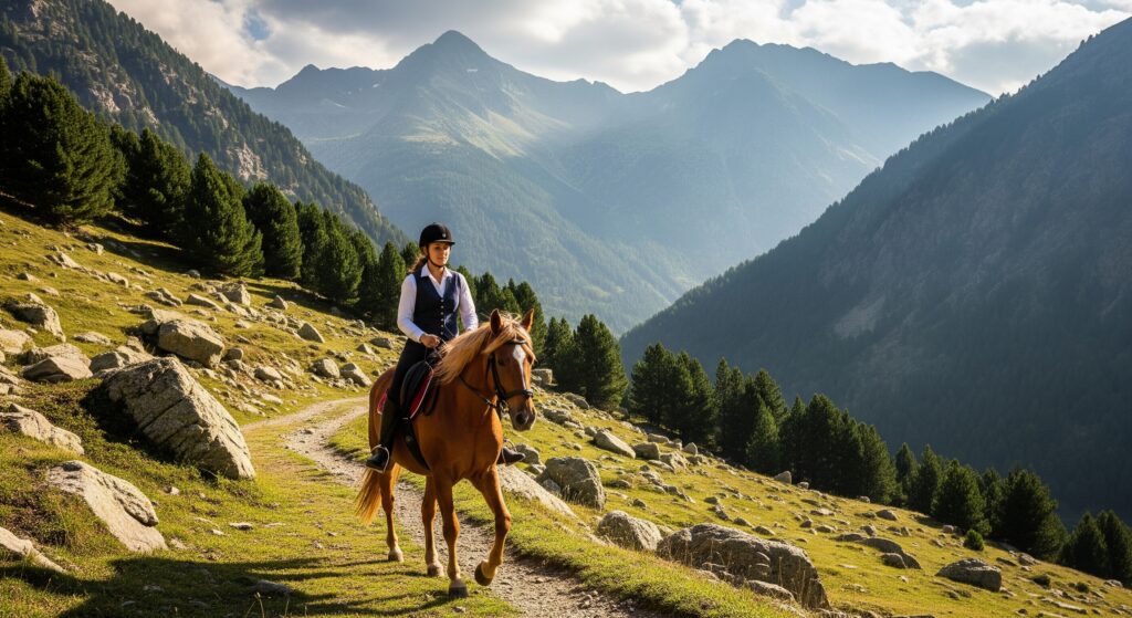Rodeada de las montañas, una mujer disfruta de un paseo a caballo como deporte de verano en Andorra.