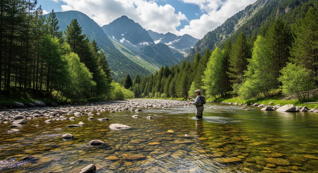 Hombre en el río con caña de pescar, practicando la pesca con mosca en Andorra.