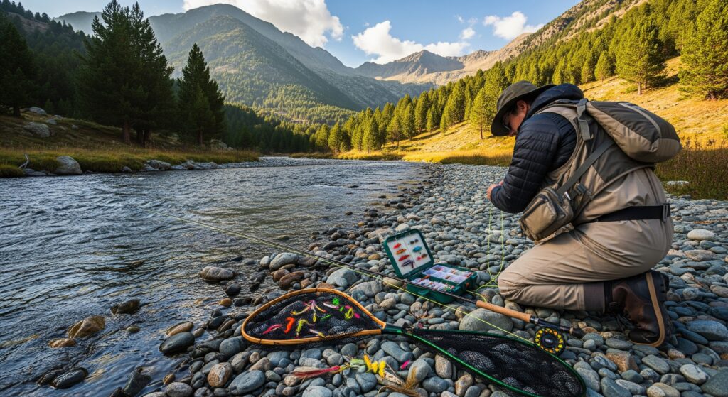 Hombre en la orilla de un río en Andorra, pescando y cumpliendo con la normativa de pesca del lugar.