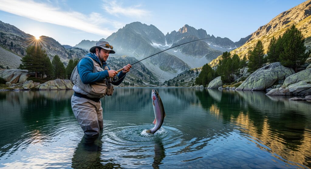Hombre en un lago en Andorra, sosteniendo un pez que acaba de pescar.