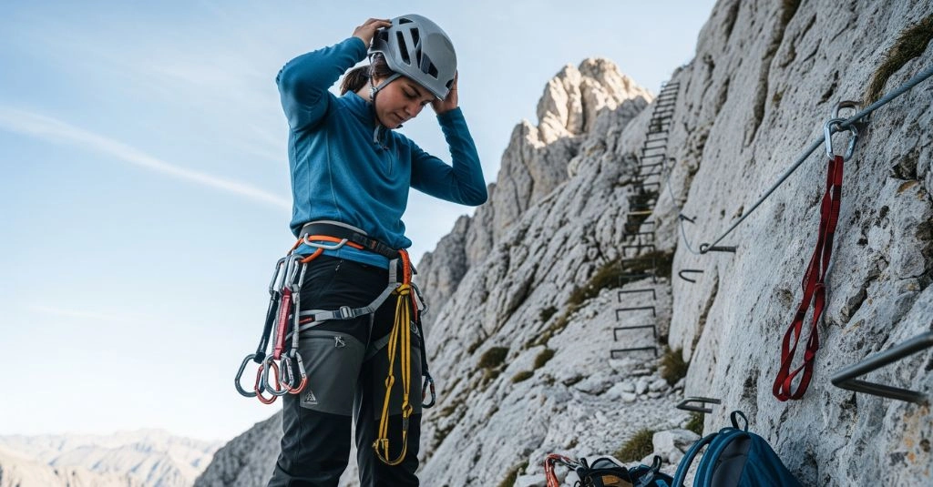 Persona con el equipamiento adecuado preparándose para practicar la  vía ferrata en Andorra.