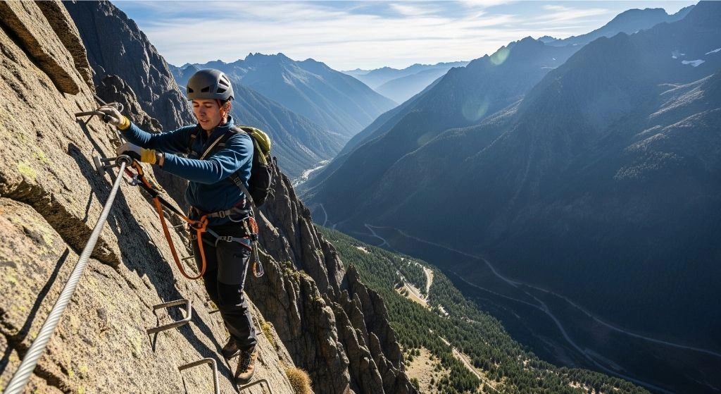 Escalador en una pared rocosa empinada asegurado con cables y peldaños en una vía ferrata Andorra, con vistas panorámicas de los Pirineos al fondo.