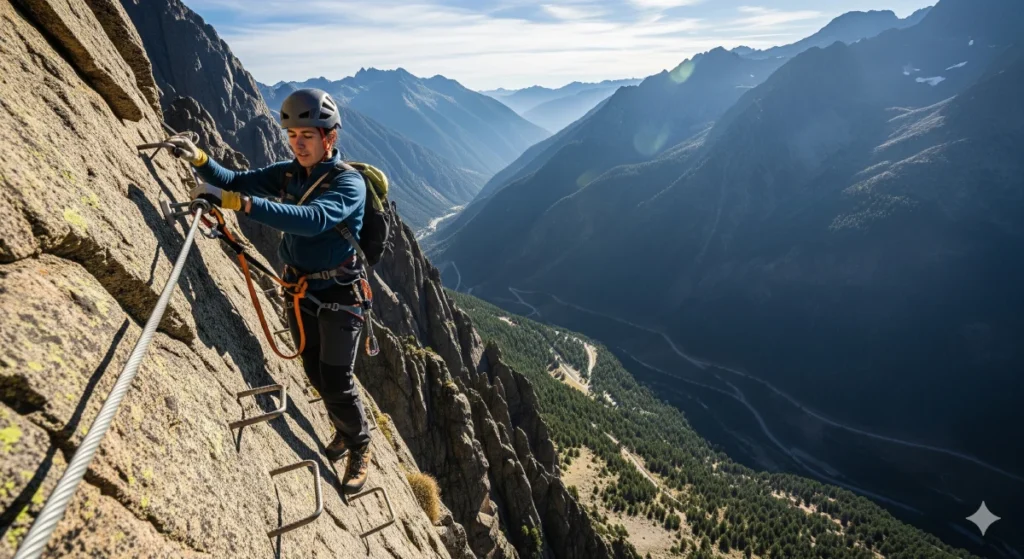 Escalador en una pared rocosa empinada asegurado con cables y peldaños en una vía ferrata Andorra, con vistas panorámicas de los Pirineos al fondo.