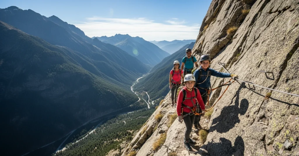 Familia con adolescentes en vía ferrata para principiantes en Andorra.