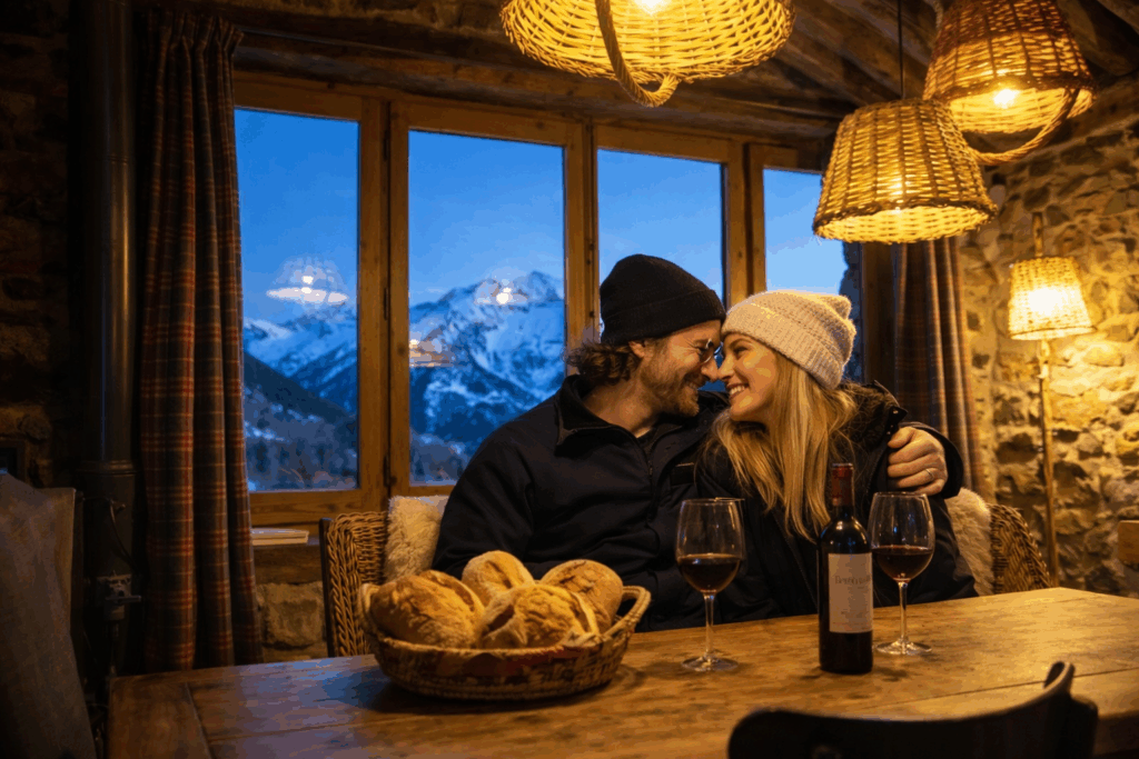 Pareja disfrutando de una cena romántica en el interior de una borda tradicional de Andorra